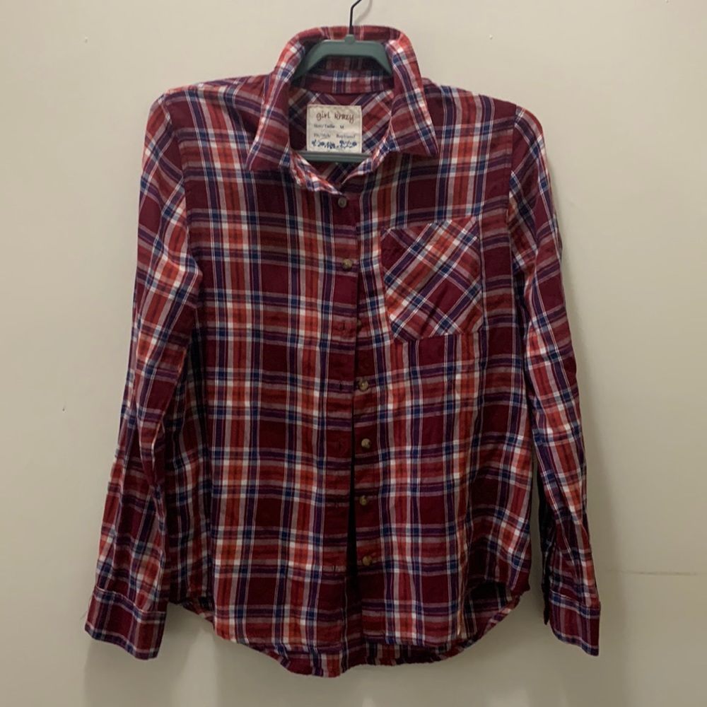 100% Cotton Plaid burgundy shirt. Comes w/ two additional buttons